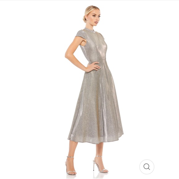 Mac Duggal Dresses & Skirts - Metallic Silver Midi Dress with Cap Sleeves